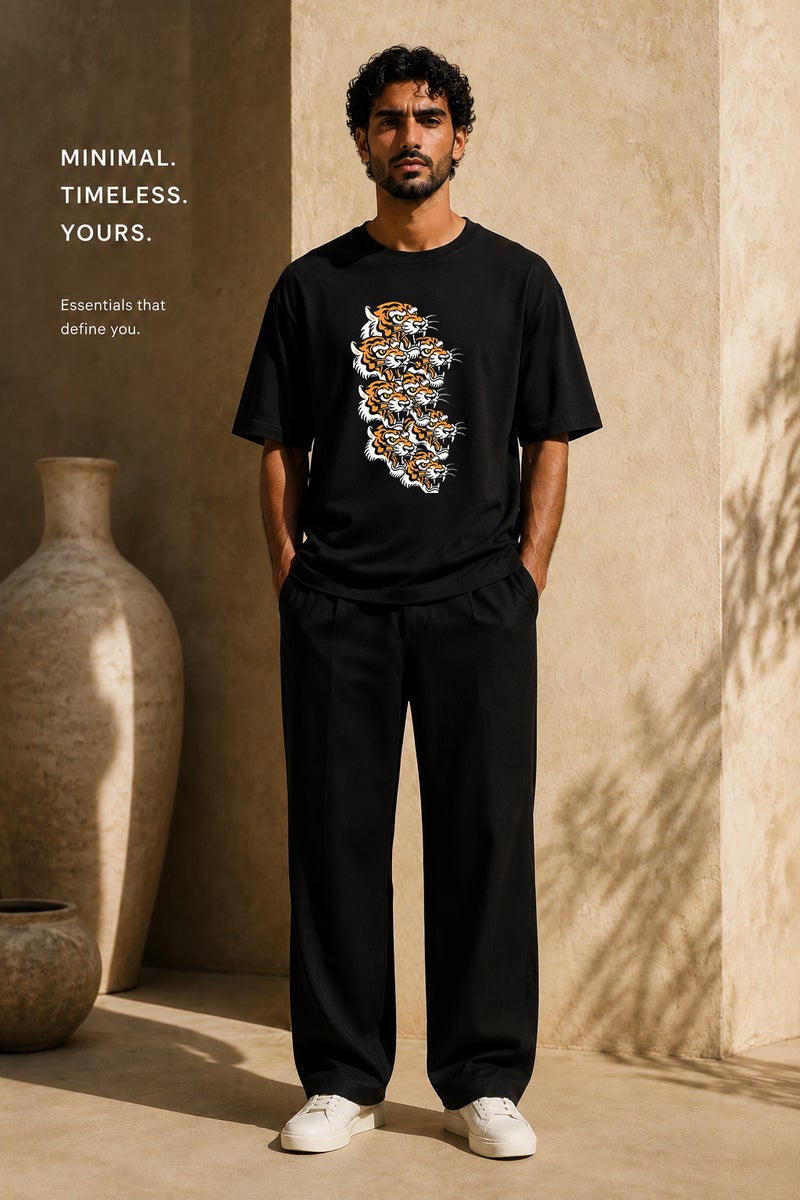Men's Oversized Black Tiger Graphic T-Shirt Casual Short Sleeve Crew Neck Streetwear Tee - Image 2