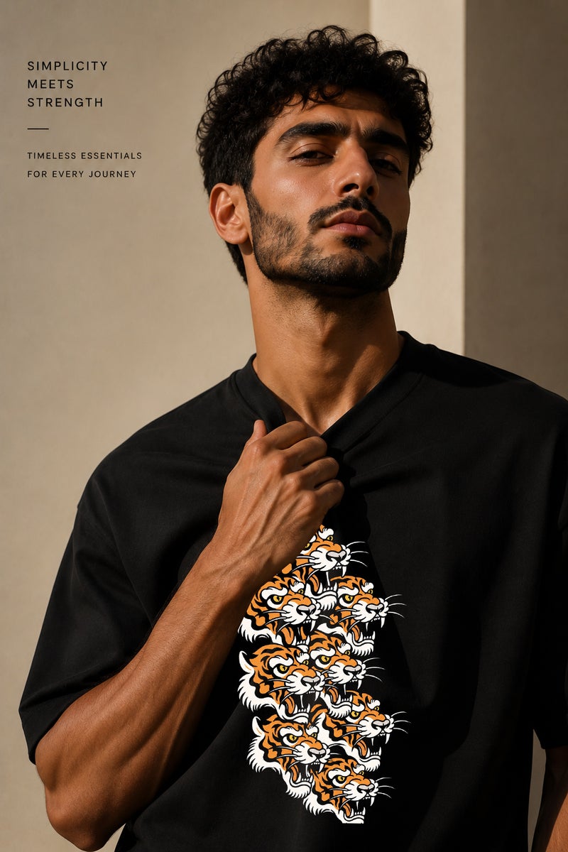 Men's Oversized Black Tiger Graphic T-Shirt Casual Short Sleeve Crew Neck Streetwear Tee - Image 5