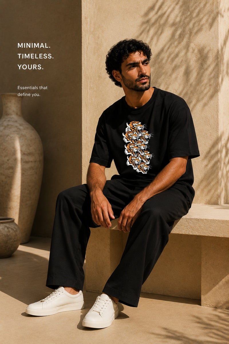 Men's Oversized Black Tiger Graphic T-Shirt Casual Short Sleeve Crew Neck Streetwear Tee - Image 4