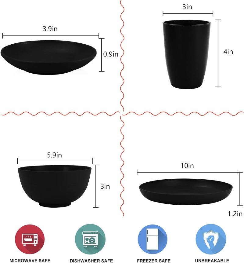 Wrova Wheat straw dinnerware set of 28  Bowls and Plates Set for Dorm  Microwave and Dishwasher safe dish sets for kitchencampingindoors and out doorsBlack - Image 2