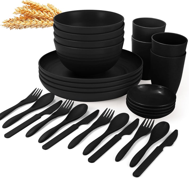 Wrova Wheat straw dinnerware set of 28  Bowls and Plates Set for Dorm  Microwave and Dishwasher safe dish sets for kitchencampingindoors and out doorsBlack - Image 1