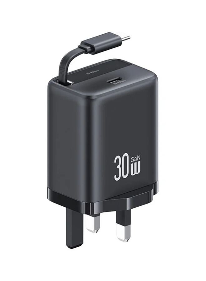Usams 30W Fast Wall Charger GaN Power Adapter with Retractable Type-C Cable, UK Plug - Black - Image 1
