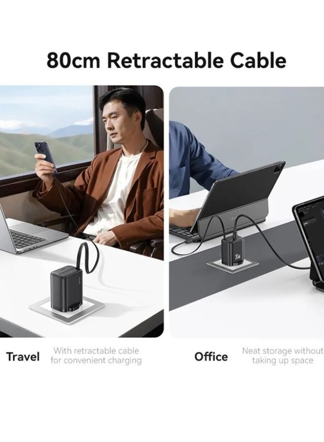 Usams 30W Fast Wall Charger GaN Power Adapter with Retractable Type-C Cable, UK Plug - Black - Image 2