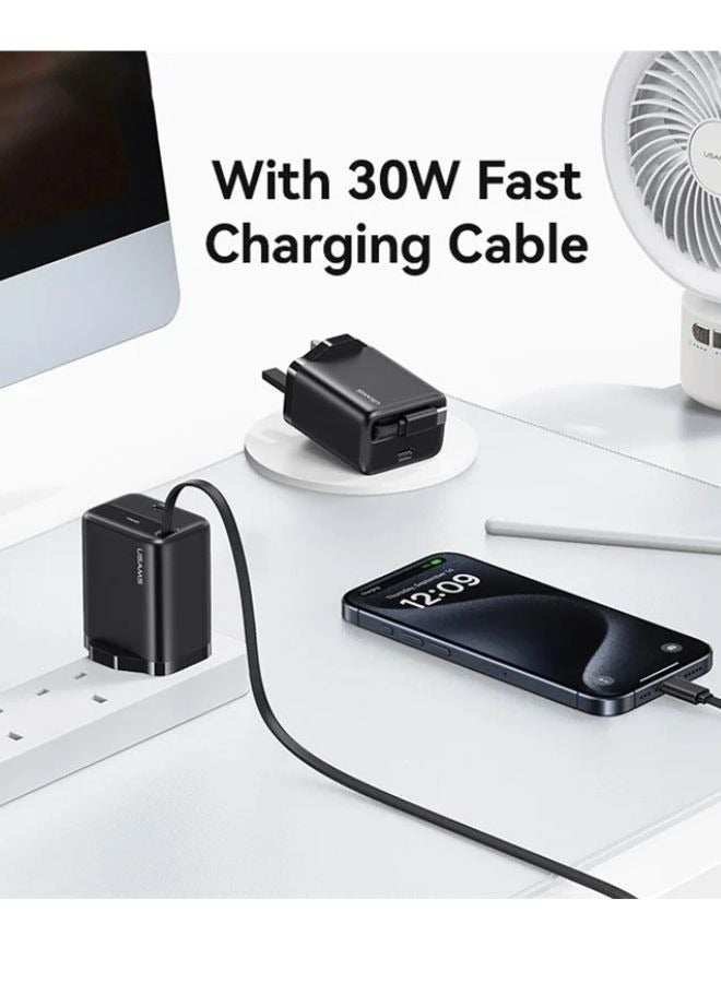 Usams 30W Fast Wall Charger GaN Power Adapter with Retractable Type-C Cable, UK Plug - Black - Image 3