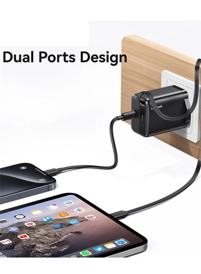 Usams 30W Fast Wall Charger GaN Power Adapter with Retractable Type-C Cable, UK Plug - Black - Image 4