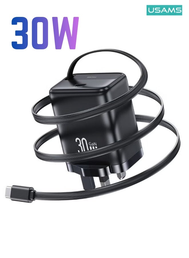 Usams 30W Fast Wall Charger GaN Power Adapter with Retractable Type-C Cable, Combatible for Iphone 17 ,17 pro ,16pro,15 pro, Samsung  Galaxy S26 Ultra, for C type phone   UK Plug - Black - Image 1