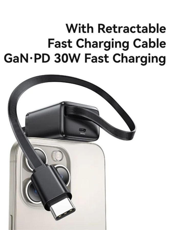 Usams 30W Fast Wall Charger GaN Power Adapter with Retractable Type-C Cable, Combatible for Iphone 17 ,17 pro ,16pro,15 pro, Samsung  Galaxy S26 Ultra, for C type phone   UK Plug - Black - Image 2