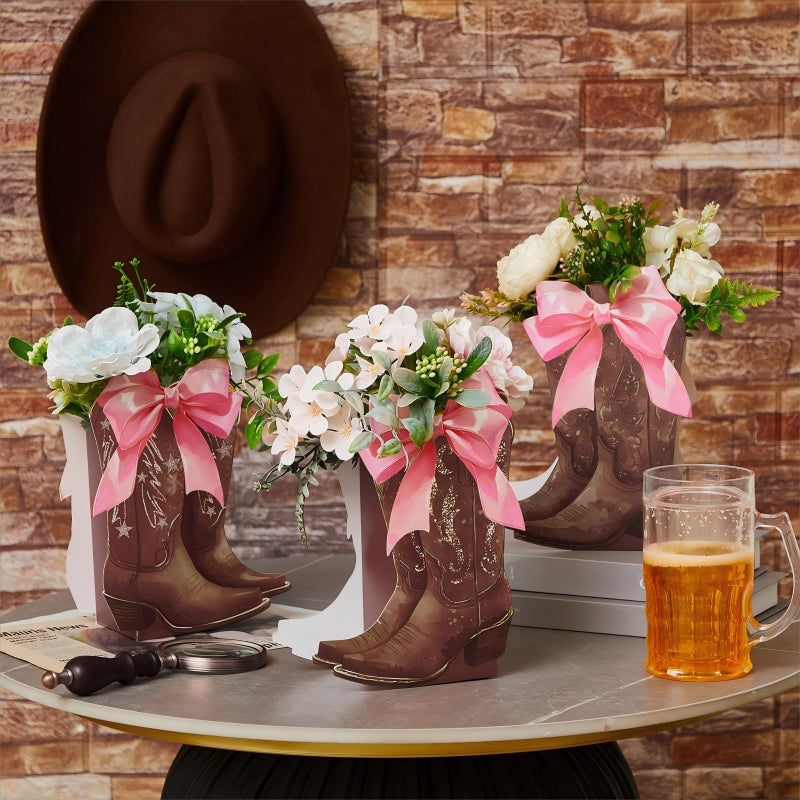 Memorywuu 12 Set Brown Western Cowboy Bow Boots Flower Boxes Centerpiece Boot Shape Gift Boxes Western Party Decoration Vase Centerpiece for Table Boots for Rodeo Birthday Baby Shower Wedding Supplies - Image 5