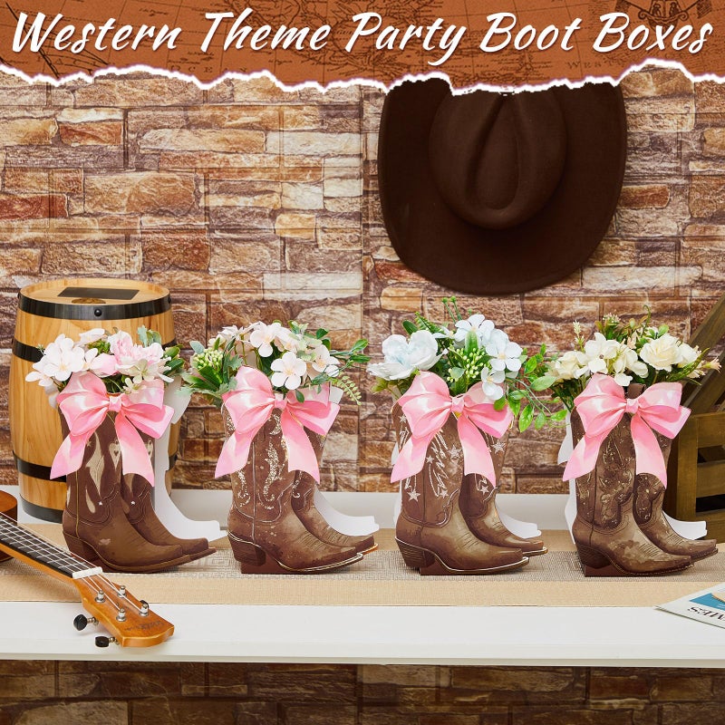 Memorywuu 12 Set Brown Western Cowboy Bow Boots Flower Boxes Centerpiece Boot Shape Gift Boxes Western Party Decoration Vase Centerpiece for Table Boots for Rodeo Birthday Baby Shower Wedding Supplies - Image 4