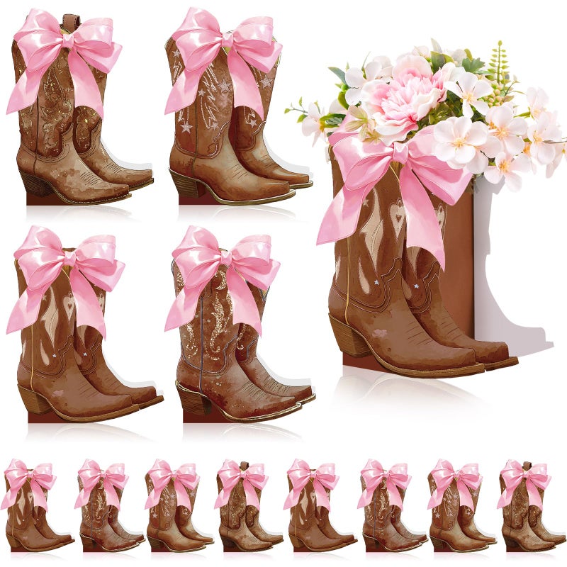 Memorywuu 12 Set Brown Western Cowboy Bow Boots Flower Boxes Centerpiece Boot Shape Gift Boxes Western Party Decoration Vase Centerpiece for Table Boots for Rodeo Birthday Baby Shower Wedding Supplies - Image 1
