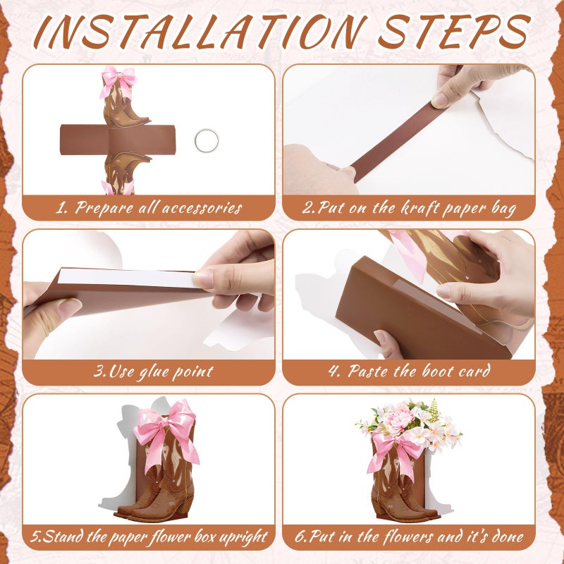Memorywuu 12 Set Brown Western Cowboy Bow Boots Flower Boxes Centerpiece Boot Shape Gift Boxes Western Party Decoration Vase Centerpiece for Table Boots for Rodeo Birthday Baby Shower Wedding Supplies - Image 3