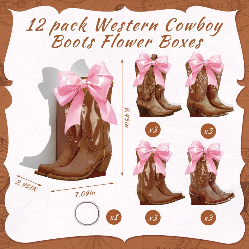 Memorywuu 12 Set Brown Western Cowboy Bow Boots Flower Boxes Centerpiece Boot Shape Gift Boxes Western Party Decoration Vase Centerpiece for Table Boots for Rodeo Birthday Baby Shower Wedding Supplies - Image 2