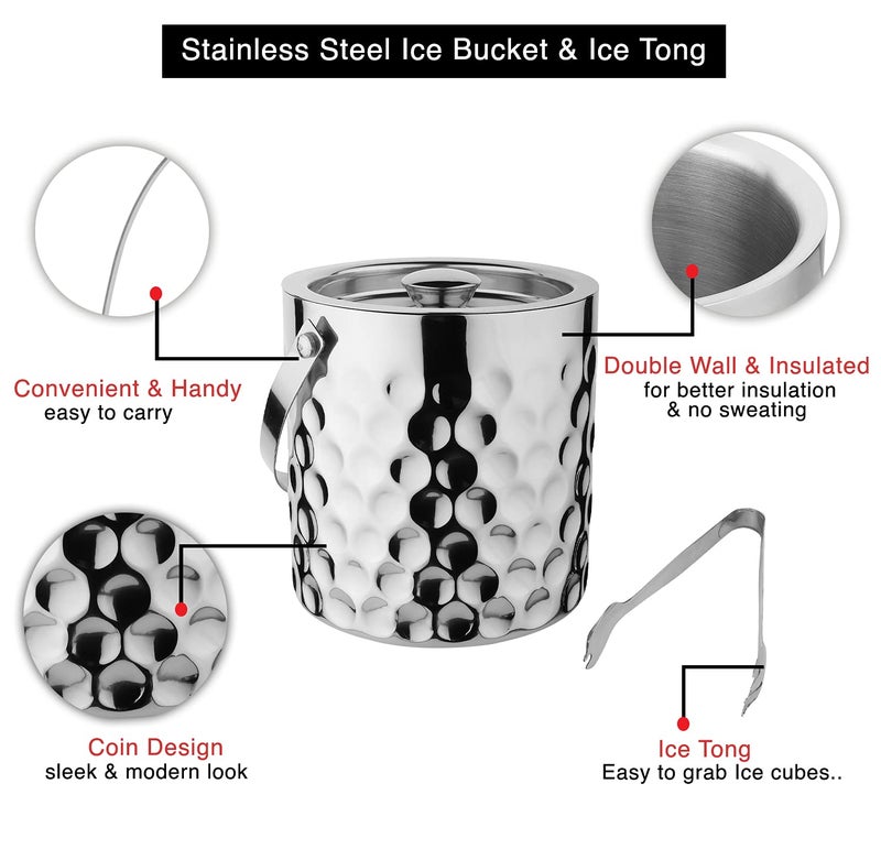 STEREN IMPEX | Stainless Steel Ice Bucket with Tong - 1500 ml | Ice Bucket for Bar & Home | Premium Ice Bucket | Bar Accessories for Home |Silver Finish | Coin Design, Medium, 1.5L - Image 3