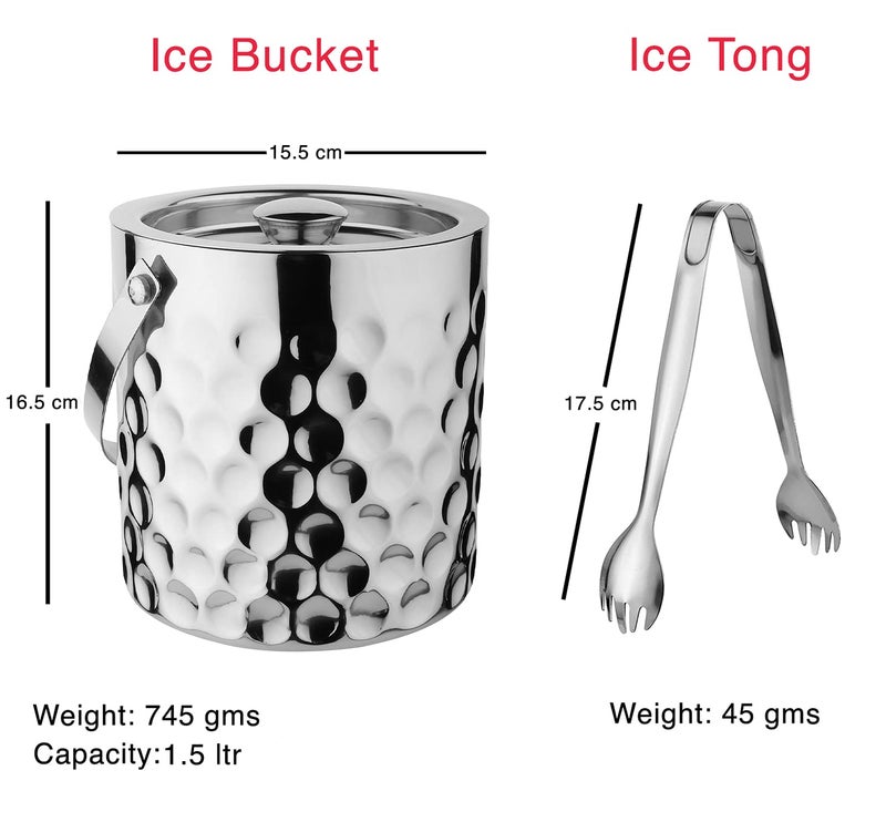 STEREN IMPEX | Stainless Steel Ice Bucket with Tong - 1500 ml | Ice Bucket for Bar & Home | Premium Ice Bucket | Bar Accessories for Home |Silver Finish | Coin Design, Medium, 1.5L - Image 2