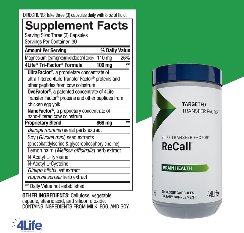 4Life Transfer Factor Recall  Supports Brain Health Memory and Learning with Ginkgo Biloba Bacopa Monnieri and Huperzia  90 Veggie Capsules - Image 2