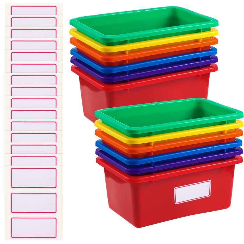 Zonon 12 Pcs Plastic Cubby Storage Bins Classroom Cubby Organization Storage Containers with 1 Pack Self Adhesive Labels Bin for Office Library School HomeRainbow Color