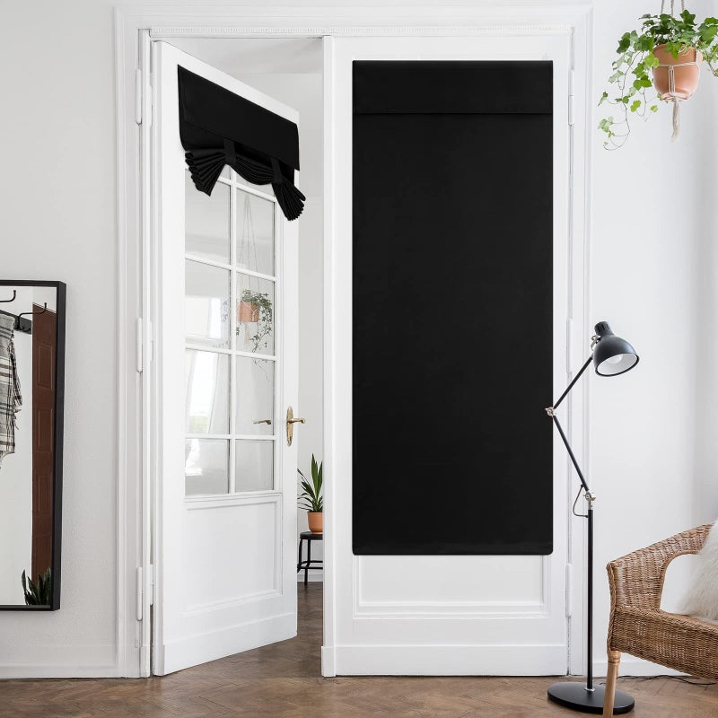 HOMEIDEAS Black Blackout Privacy French Door Curtains, 26 X 68 Inch Door Blinds for Glass Window, Thermal Insulated Tie Up Shades Window Curtains for Bedroom, 1 Panel - Image 1