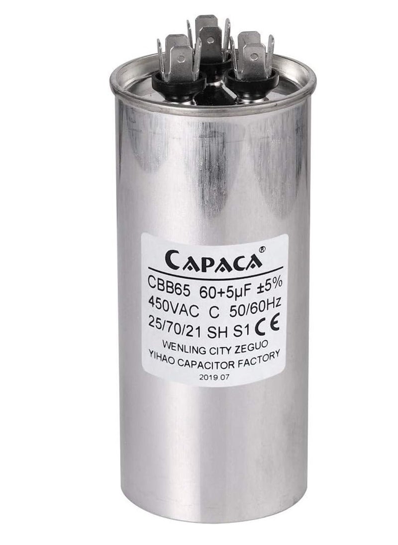 RACO 60+5 MFD uF Air Conditioner Capacitor Round Aluminum Electrolytic Dual Motor Run Capacitor 450V AC Withstand Voltage for Condenser Straight Cool or Heat Pump of Air Conditioner  - Image 1