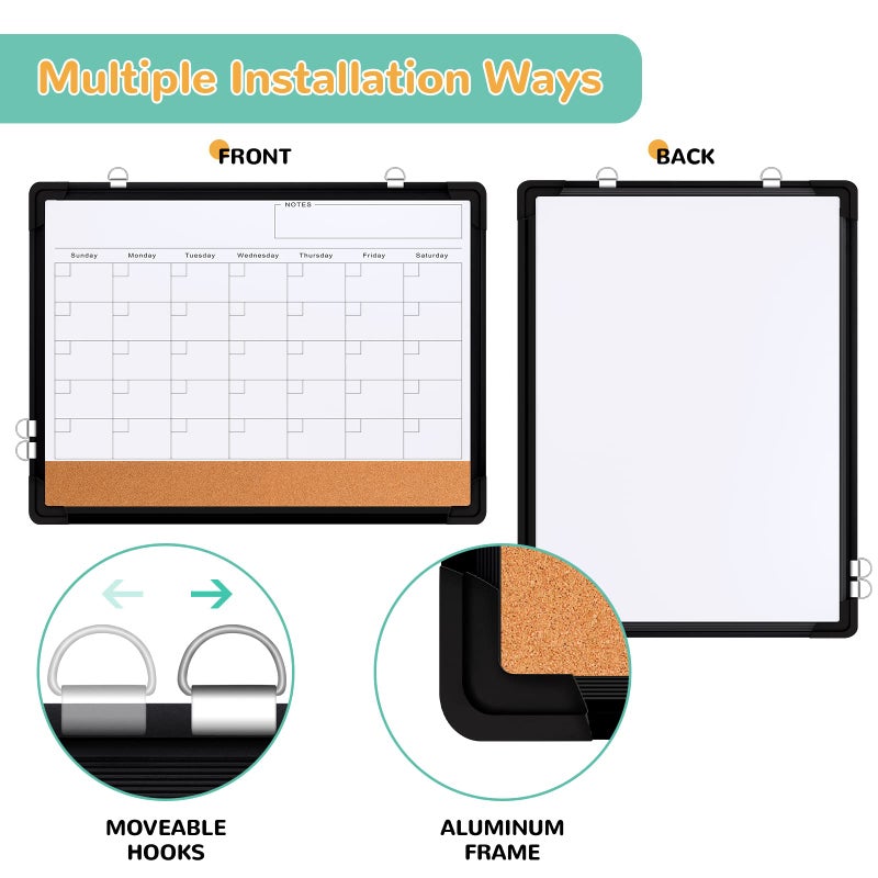 ABERLLS Monthly Calendar Whiteboard Dry Erase Cork Board Combination for Wall, 17x13 Magnetic Dry Erase Board, Double-Sided White Board, Portable Board for Office, Planning, Memo, School, Home (Black) - Image 3