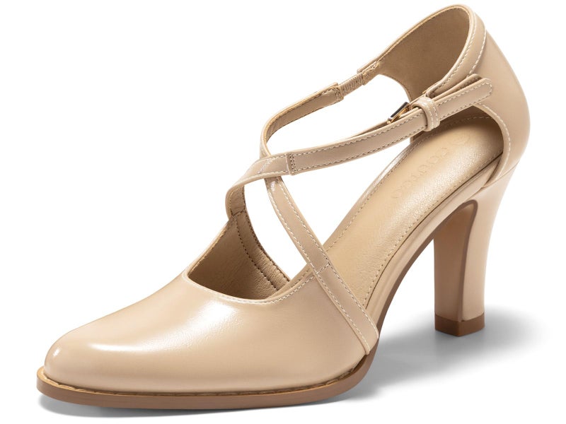 Coutgo Womens Chunky High Heels Dress Shoes Closed Pointed Toe Cross Strap Buckle Pumps Vintage D'Orsay Party Shoes, Nude, Size 7.5 - Image 1