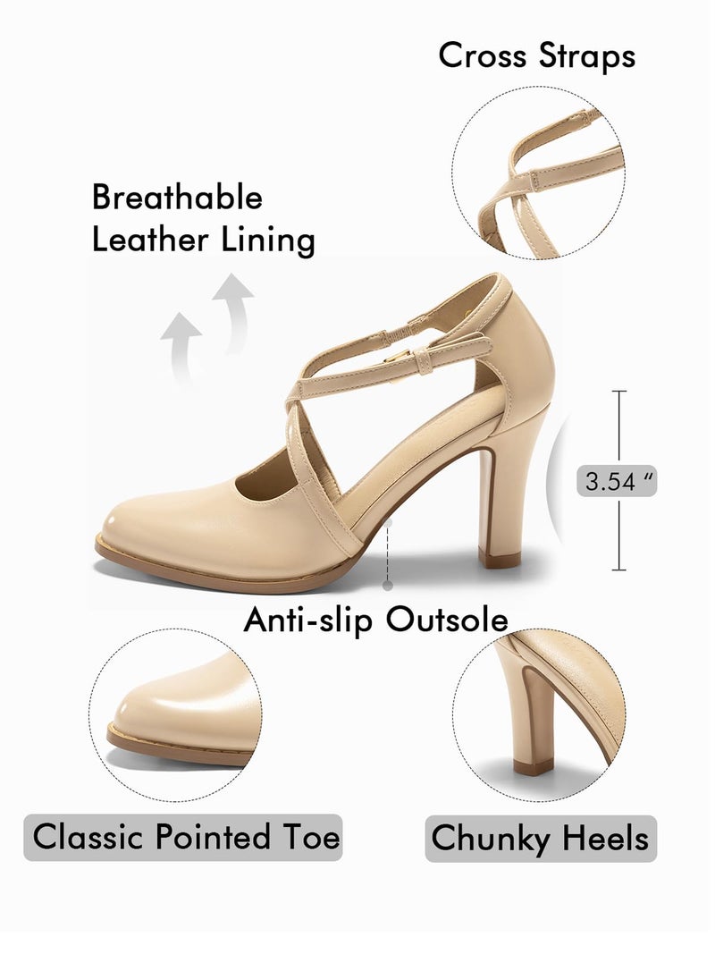 Coutgo Womens Chunky High Heels Dress Shoes Closed Pointed Toe Cross Strap Buckle Pumps Vintage D'Orsay Party Shoes, Nude, Size 7.5 - Image 5