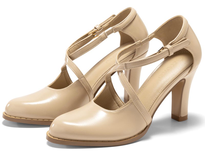 Coutgo Womens Chunky High Heels Dress Shoes Closed Pointed Toe Cross Strap Buckle Pumps Vintage D'Orsay Party Shoes, Nude, Size 7.5 - Image 4