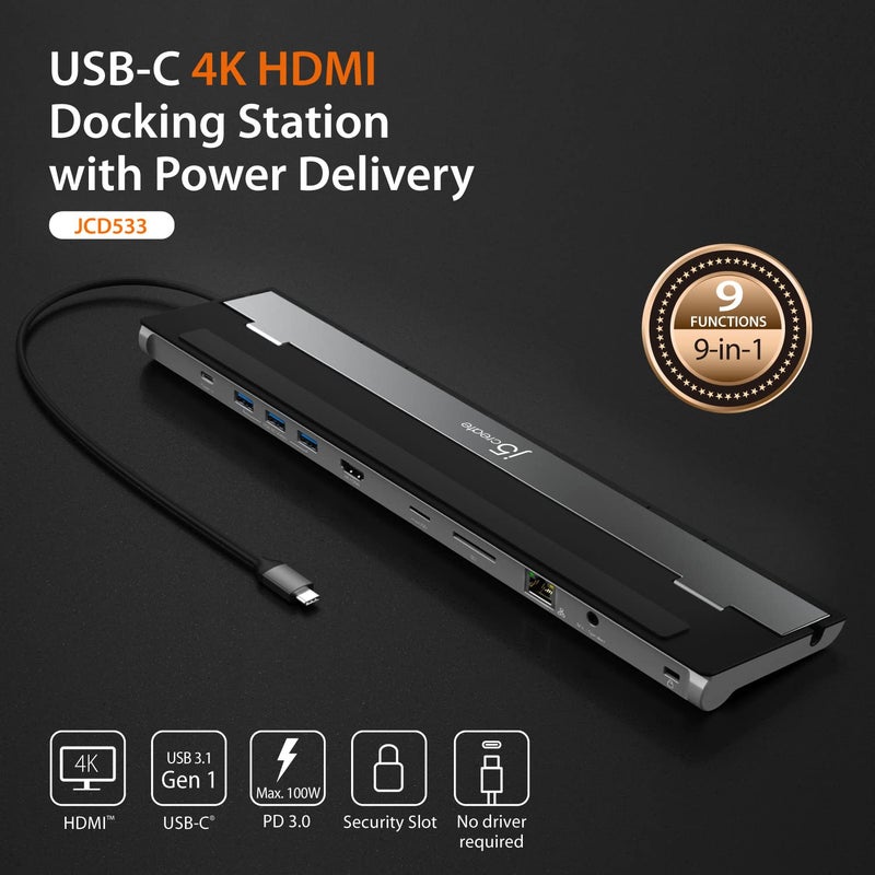 j5create USB-C 4K HDMI Docking Station (9-in-1), 4K HDMI, 5Gbps USB-A x3, Card Reader, PD 100W, Gigabit Ethernet, Combo Audio Jack, for MacBook, and Windows USB-C Laptop (JCD533) - Image 2