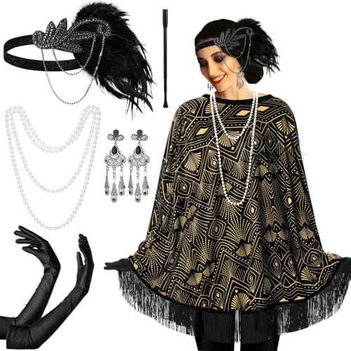 Floraltop 6 Pcs 1920s Flapper Costume Accessories Set for Women Fringed Poncho Flapper Shawl Outfits(Black,Vintage) - Image 1