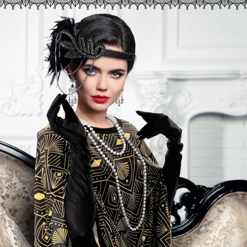 Floraltop 6 Pcs 1920s Flapper Costume Accessories Set for Women Fringed Poncho Flapper Shawl Outfits(Black,Vintage) - Image 4