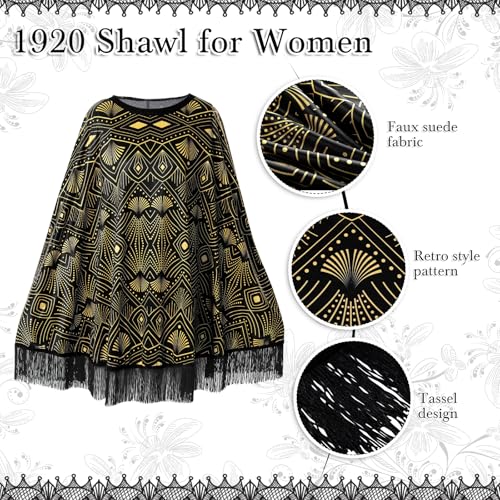 Floraltop 6 Pcs 1920s Flapper Costume Accessories Set for Women Fringed Poncho Flapper Shawl Outfits(Black,Vintage) - Image 3