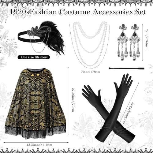 Floraltop 6 Pcs 1920s Flapper Costume Accessories Set for Women Fringed Poncho Flapper Shawl Outfits(Black,Vintage) - Image 2