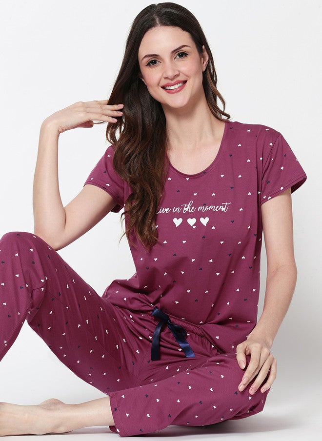 Zeyo Women Burgundy Printed Night Suit with Top and Pyjamas - Image 1