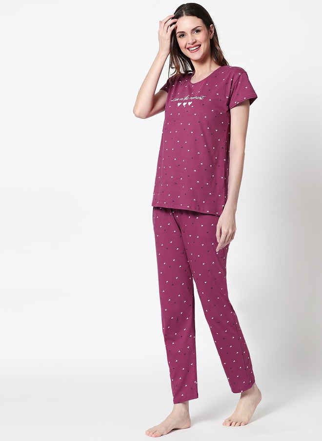 Zeyo Women Burgundy Printed Night Suit with Top and Pyjamas - Image 4