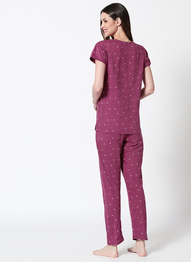 Zeyo Women Burgundy Printed Night Suit with Top and Pyjamas - Image 5