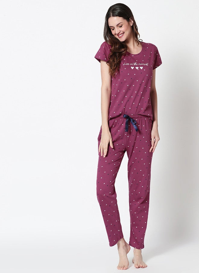Zeyo Women Burgundy Printed Night Suit with Top and Pyjamas - Image 3