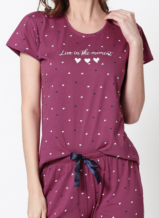 Zeyo Women Burgundy Printed Night Suit with Top and Pyjamas - Image 2