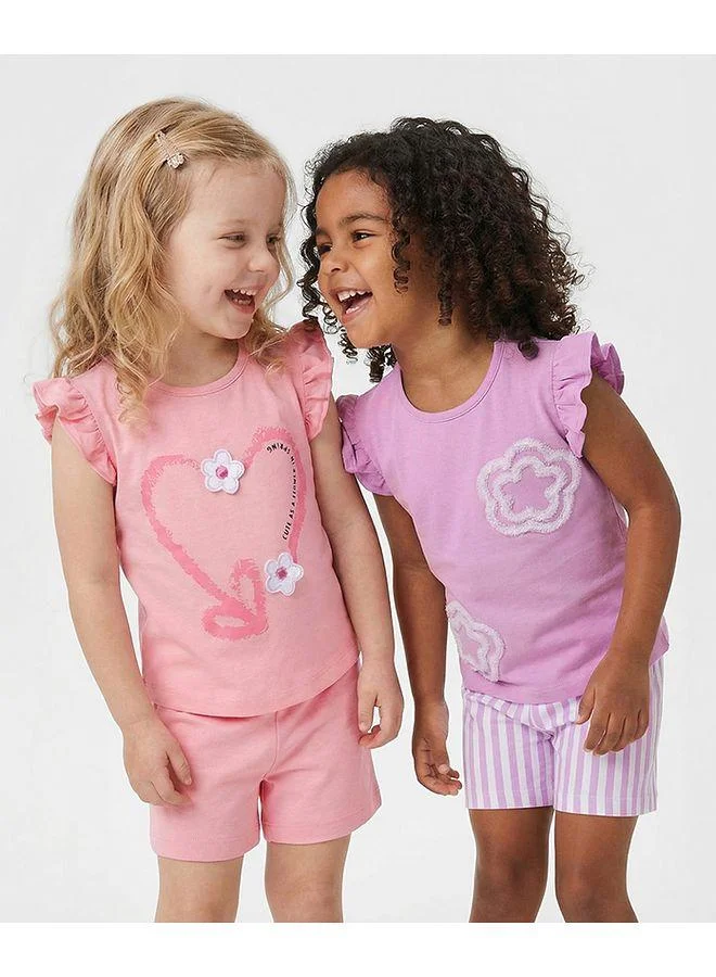 Bonfino Bonfino 100% Cotton Printed Flutter Sleeves T-shirt Shorts Set With Floral Embroidery (Pack Of 2) - Multicolor