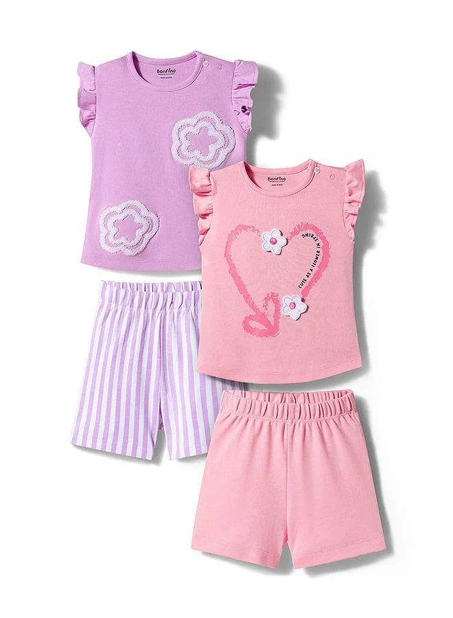 Bonfino Bonfino 100% Cotton Printed Flutter Sleeves T-shirt Shorts Set With Floral Embroidery (Pack Of 2) - Multicolor