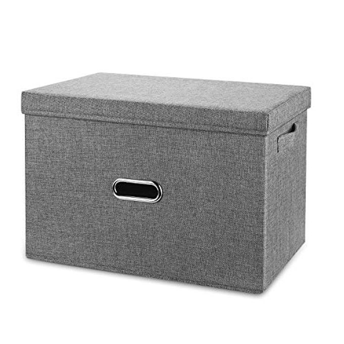 Valease Large Linen Fabric Foldable Storage Bins with Removable Lid and Handles, Washable Storage Box Organizer Containers Baskets Cube with Cover for Bedroom,Closet,Office,Nursery (Grey, XXL)