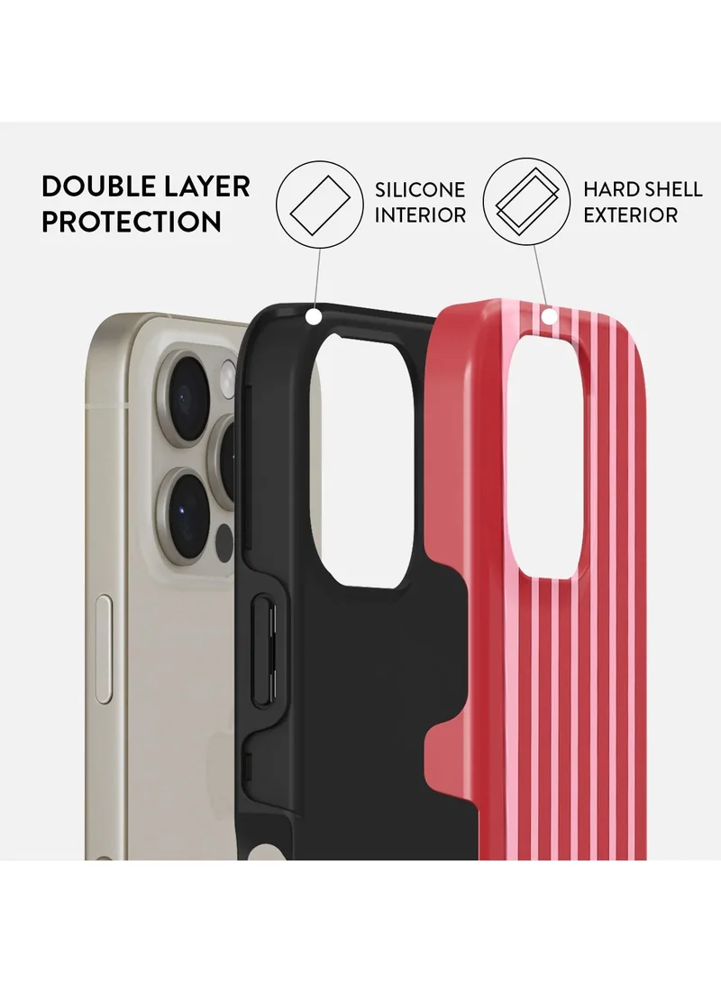 BURGA iPhone 16 pro Case, 2 Piece Hard Shell + TPU Silicone Interior, Shock Absorption, All Port Accessible, Raised Bezel For Screen & Camera Protection, Never Fading HQ Print,Red pink stripes.