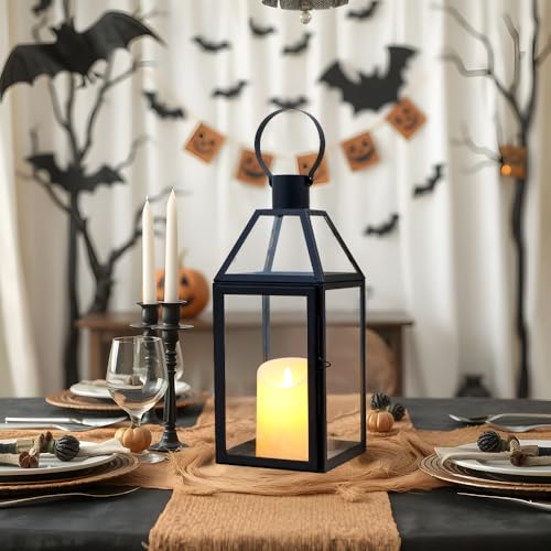 JHY DESIGN Black Decorative Lanterns 16“H Decorative Candle Lantern with Tempered Glass for Indoor Outdoor Events Parities and Weddings - Image 1