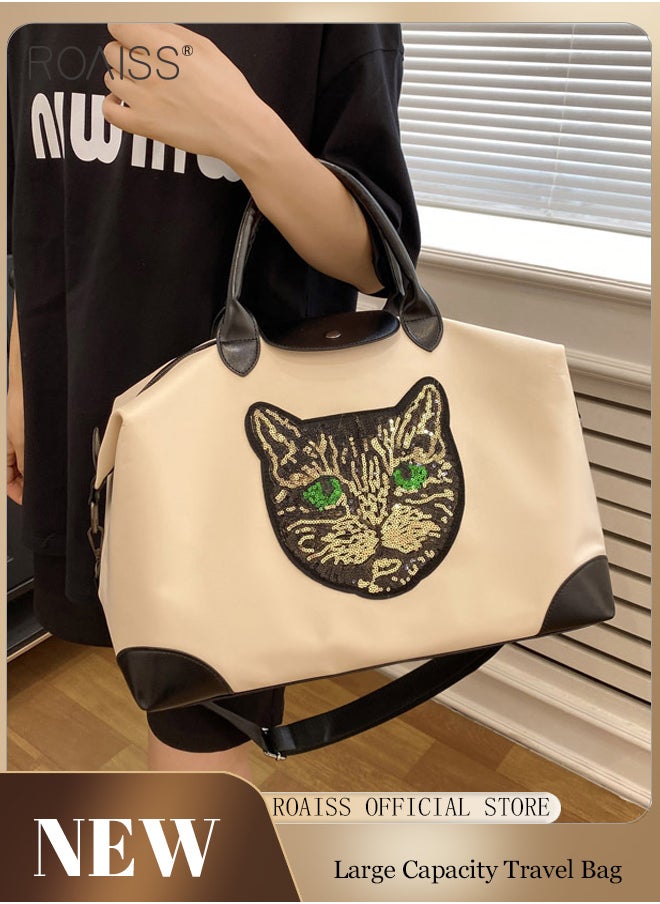 roaiss Large-Capacity Contrasting Color Travel Handbag Sequined Cat Decoration Adjustable Removable Fitness Bag Short-Distance Business Trip Duffel Bag  - Image 1