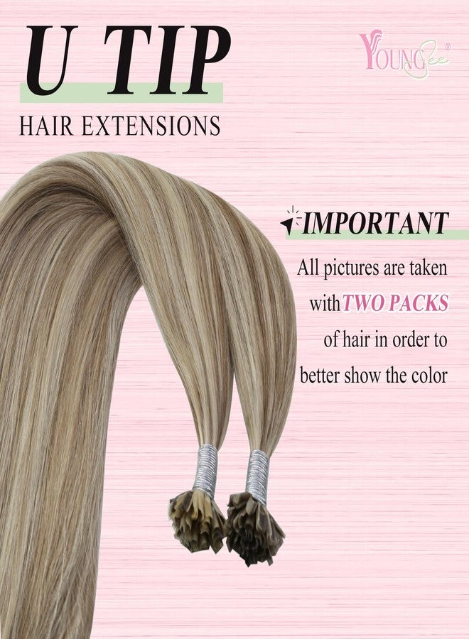 YoungSee U Tips Hair Extensions Real Human Hair Light Brown Pre Bonded U Tip Hair Extensions Light Brown Highlights Blonde 14In Hot Fusion 50s/50g - Image 2
