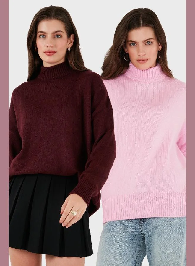 ليلا كنزة نسائية بياقة عالية، مقاس واسع، نسيج ناعم، عبوة من قطعتين