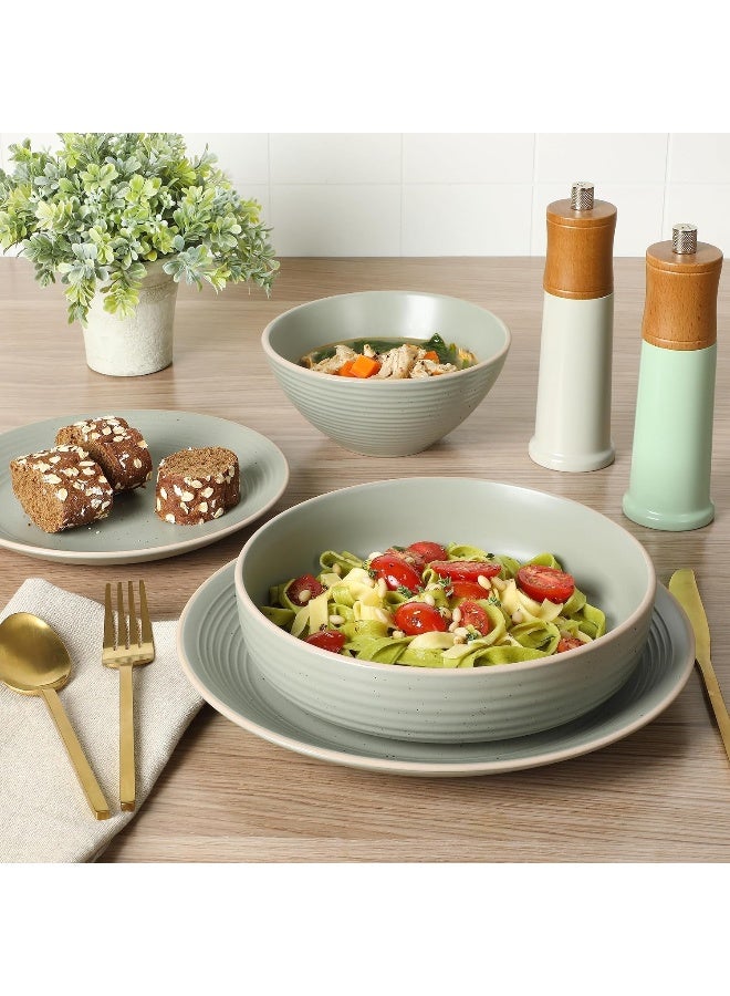 Gibson Home Dinah Double Bowl Stoneware Embossed Speckled Dinnerware Set  Sage Green Service for Four 16pcs - Image 4