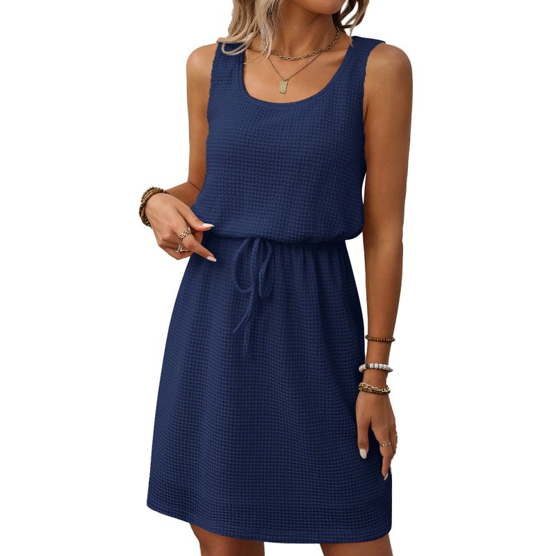 summer new square collar drawstring sleeveless vest skirt with lining