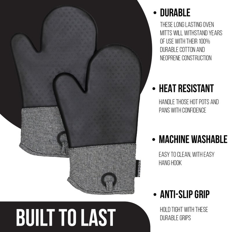 Frigidaire Layla Cotton and Silicone Oven Mitts, Heat Resistant, Anti-Slip, Machine Washable, 13â€x 7 â€œ,Black, Set of 2 - Image 3