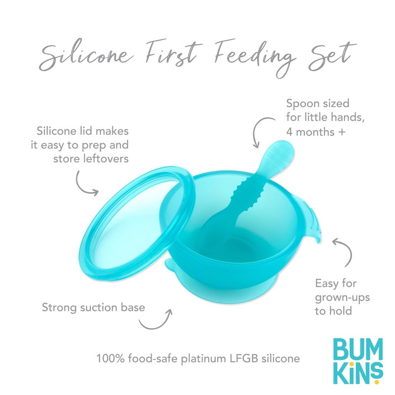 Bumkins Baby Bowl, Silicone Feeding Set with Suction for Baby and Toddler, Includes Spoon and Lid, First Feeding Set, Training Essentials for Baby Led Weaning for Babies 4 Months Up, Blue Jelly - Image 5