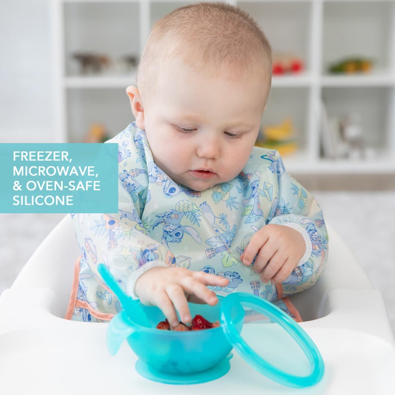 Bumkins Baby Bowl, Silicone Feeding Set with Suction for Baby and Toddler, Includes Spoon and Lid, First Feeding Set, Training Essentials for Baby Led Weaning for Babies 4 Months Up, Blue Jelly - Image 4