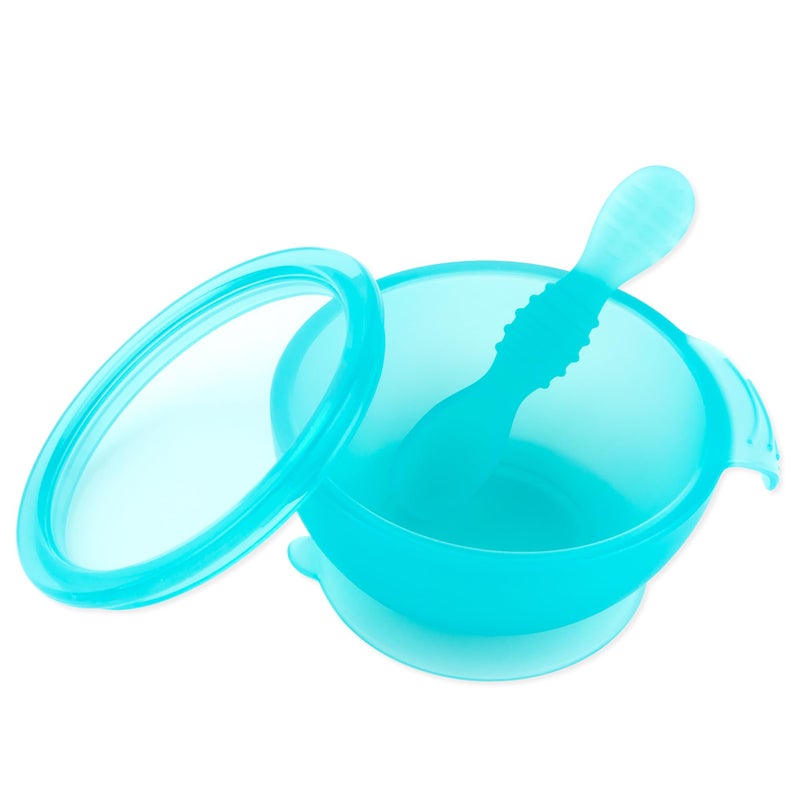 Bumkins Baby Bowl, Silicone Feeding Set with Suction for Baby and Toddler, Includes Spoon and Lid, First Feeding Set, Training Essentials for Baby Led Weaning for Babies 4 Months Up, Blue Jelly - Image 1